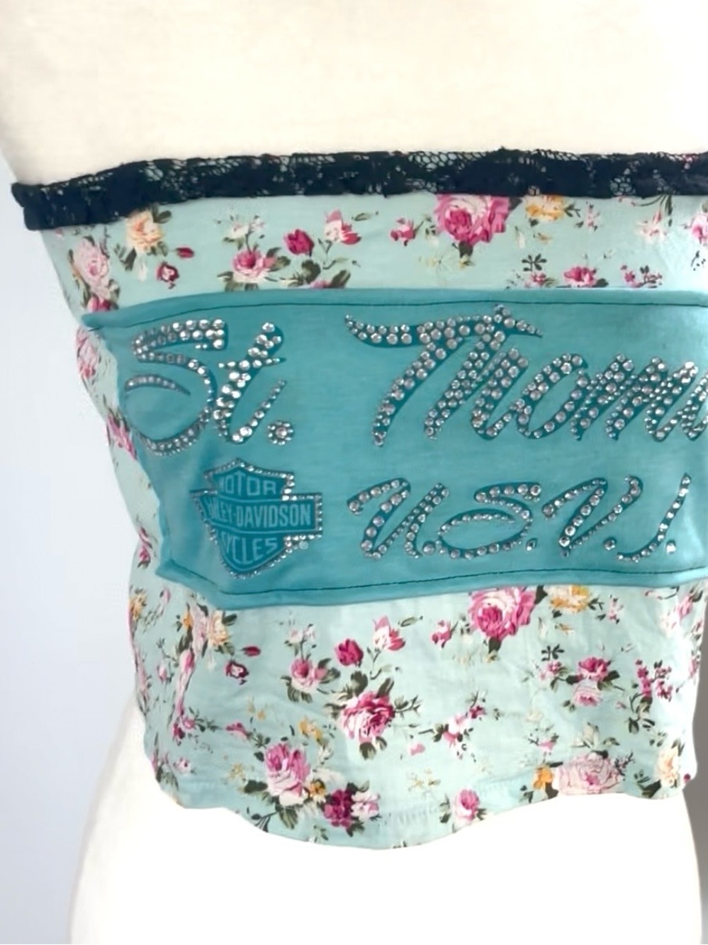Harley-Davidson Aqua Floral Rhinestone handmade